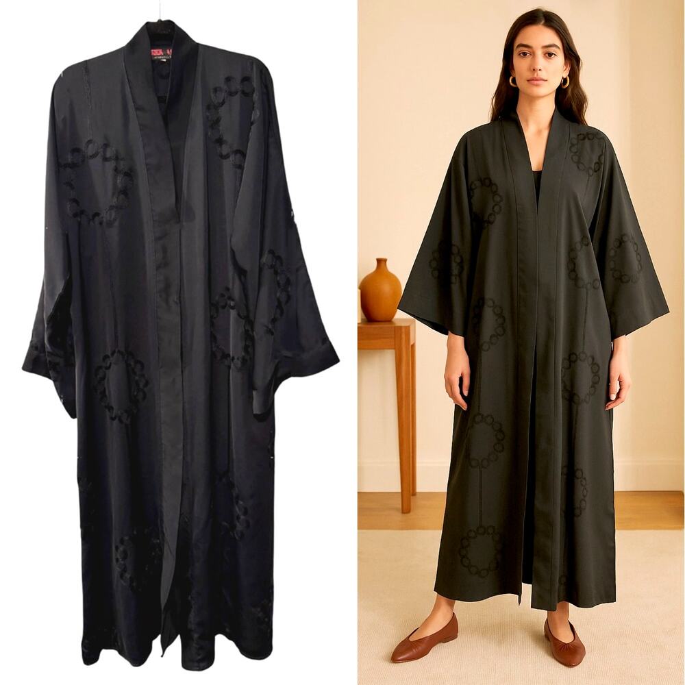 Vintage Black Satin Kimono-Style Robe with Circle Embroidery